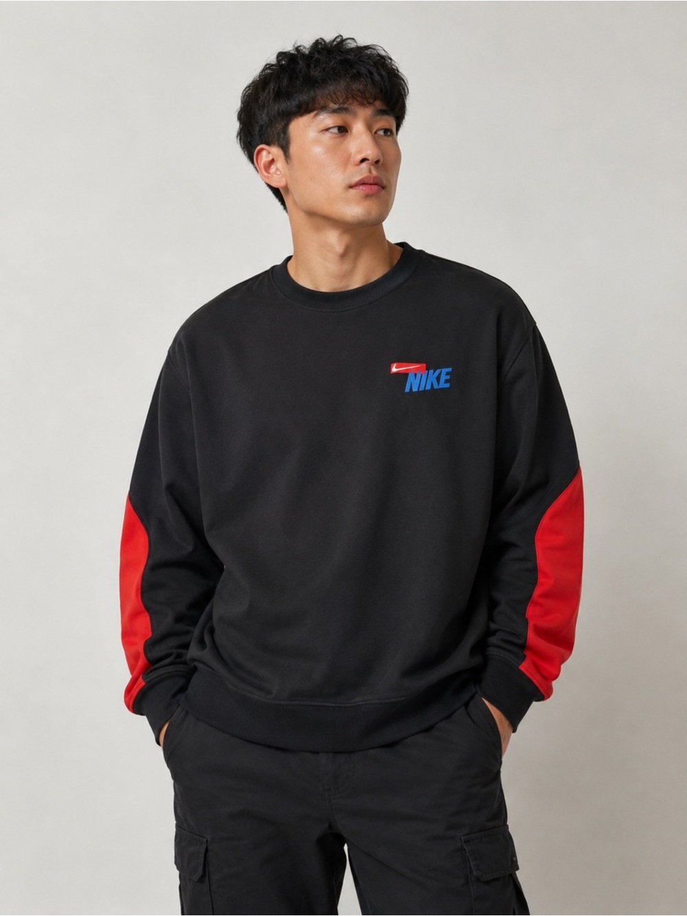 Dri-Fit Nike Men's Black Crewneck Sweater with Red Sleeve Panels & Blue Logo 2X